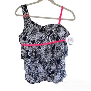 Justice Swim Black White Print Girls Tiered Ruffle Swimsuit Tank Top Size 18.5